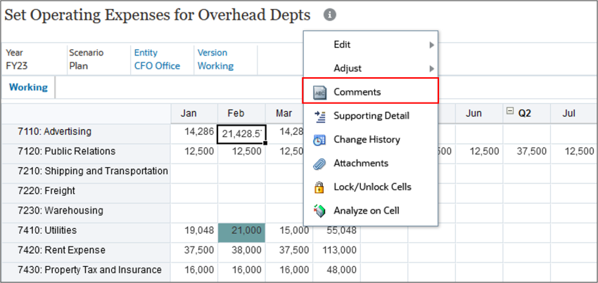 Expense form with Comments option on Menu Highlighted